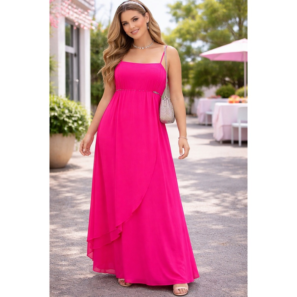 Poly Dress Pink Layered Spaghetti Strap Vintage Gown Rhinestone Pin Sz XL